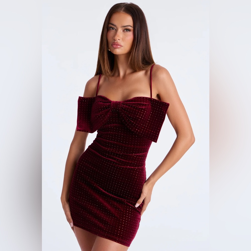 Bow It Up Rhinestone Velvet Mini Dress - Wine